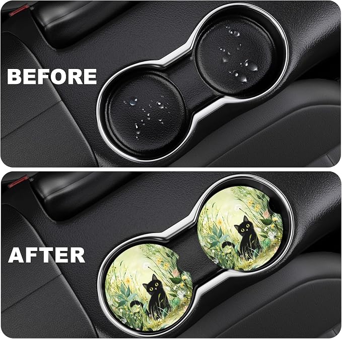 2 Pack Car Cup Holder Coaster, 2.63 inch Anti Slip Insert Absorbent Ceramic Car Coaster with Cork Base and Finger Notch, Cute Car Accessories Interior for Women, Cute Car Coasters.