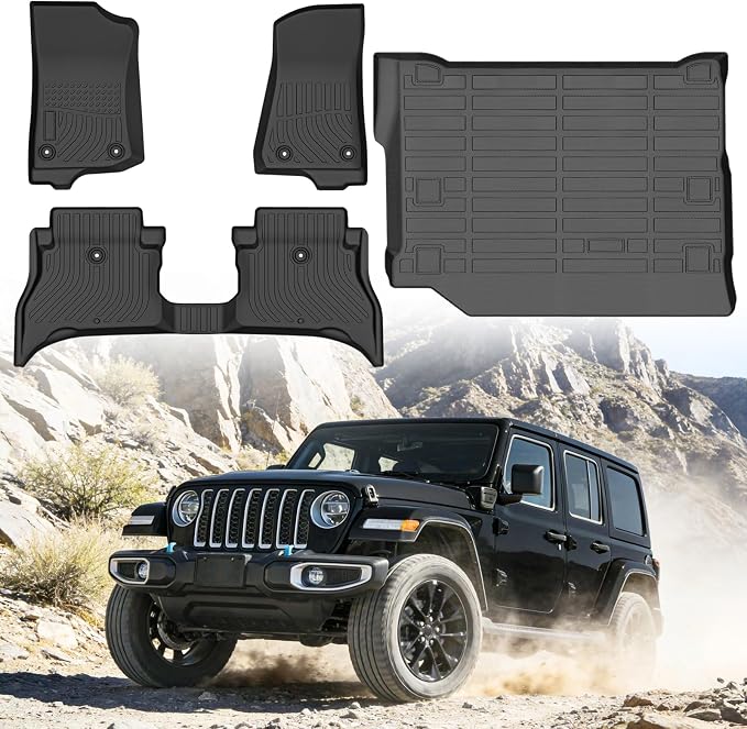 Floor Mats for Jeep Wrangler 4XE 4-Door 2021-2026 | (Only Fits with Right Trunk Subwoofer, Not for 2-Door, JL or JK), Heavy Duty TPE (Floor Mats & Cargo Liner)
