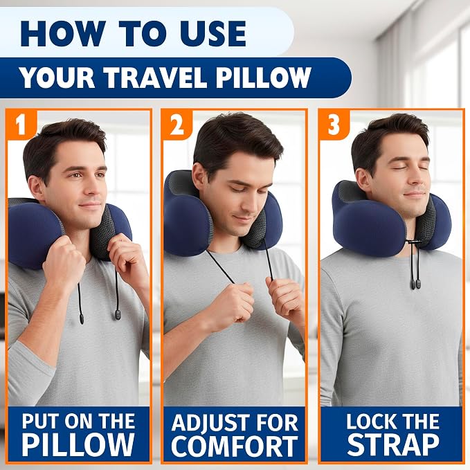 100% Memory Foam Neck Support Pillow with Adjustable Snap Buttons & Head Support – 4-in-1 Kit with 3D Eye Mask, Earplugs & Washable Cotton Cover – Neck Pillow for Plane Travel, Car, Train & Bus (Blue)
