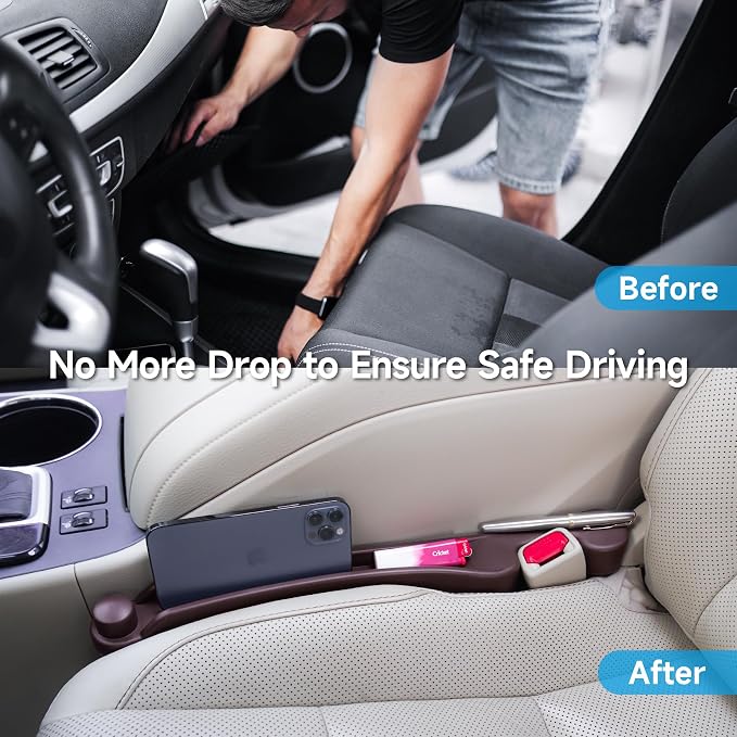Car Seat Gap Filler Set of 2, 3IN1 Seat Side Gap Filler Plug with Storage Slot & Hook Function, Soft Foam Universal Fit Car SUV Truck Fill Gap Between Seats Console Organizer（Narrow Espresso brown）