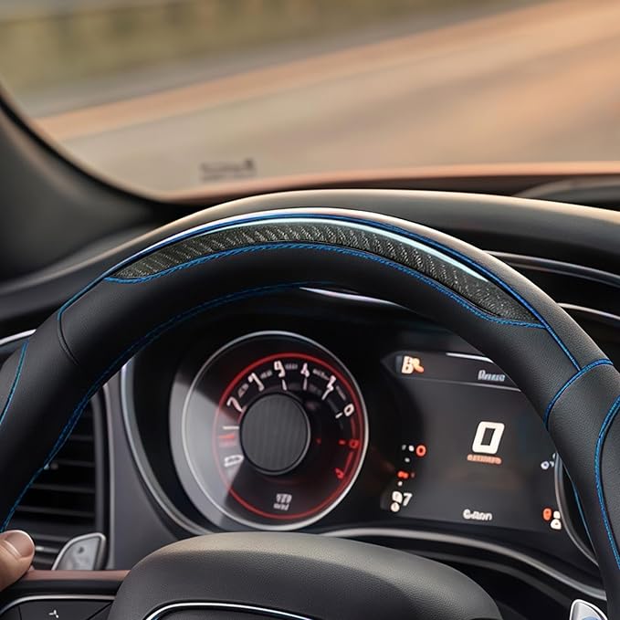 Leather Car Steering Wheel Cover, 14.5-15Inch Anti-Slip Steering Wheel Cover, Universal for Cars Truck SUV, Car Accessories (Black - Blue line)