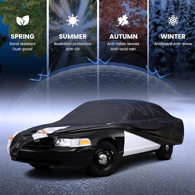 Multi-Layer Car Cover Custom Fit for Ford Crown Victoria (1991-2010), 100% Waterproof All Weather for Automobiles, Gift with Towel, Heavy Duty Car Covers for Rain Sun UV Protection with Door Zipper.