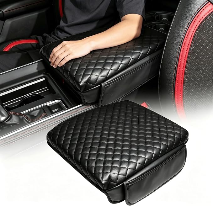 LINOAH Center Console Cover for 2019-2026 Ram 1500 Center Console Cover, Armrest Cushion Pad Accessories with Side Pockets, PU Leather for 5th Ram 1500 Anti-Scratch for Ram 1500 Accessories
