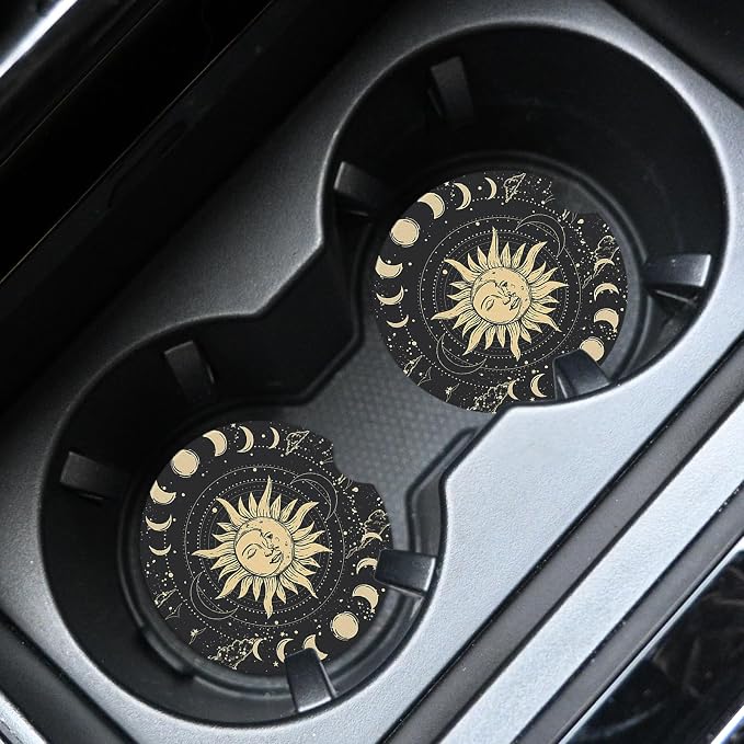 2pcs Sun Moon Stars Car Coasters,Absorbent Universal neoprener Cup Holder Coasters with a Finger Notch,Car Accessories for Women&Man Interior，2.75"