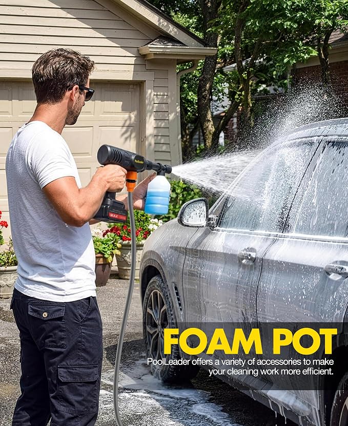 PoolLeader Cordless Car Cleaning Tool with 6-in-1 Nozzle & Foam Cannon | Lightweight Portable Design, Battery Operated Cordless Car Wash Spray, Handheld Wash Machine for Car, Patio, Home - Yellow