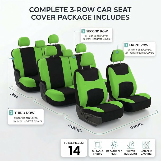 FH Group Universal Automotive Seat Covers 8 Seater Set | Light & Breezy Flat Cloth Washable Car Seat Cover for SUV, Sedan, Truck | Airbag Compatible Interior Upgrade - Green/Black
