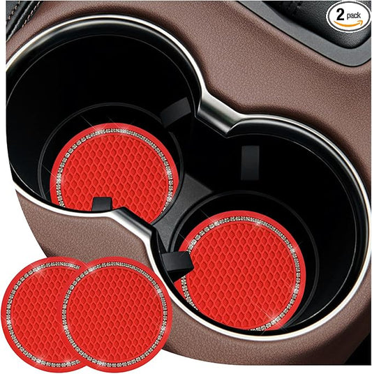 2PCS Bling Car Cup Coaster, 2.69 Inch Anti-Slip Auto Cup Holder Drink Mat w/Crystal Rhinestones, Universal Shiny Diamond Vehicle Insert Coasters Cups Mats for Women (Red & White)