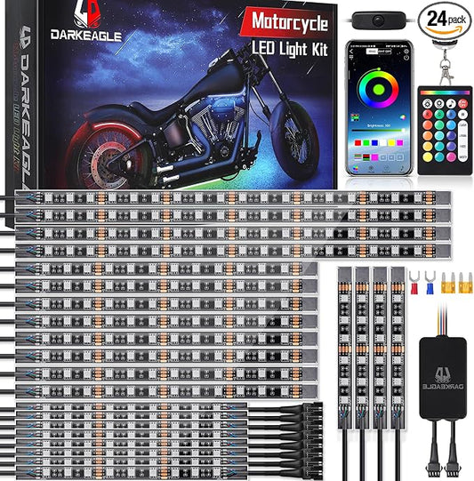 24PCS Motorcycle RGB LED Lights Kit with Brake Turn Signal, Motorcycle Underglow Lights with APP/RF Remote, Multicolor Dual Zone Neon Accent Waterproof 12V for Touring, Trike & Custom Show Motorcycle