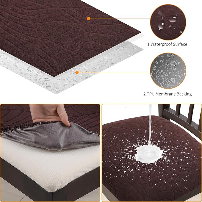 Fuloon Waterproof Chair Seat Covers 6 PCS, Stretch Cushion Covers Washable Dining Room Seat Slipcover Removable Kitchen Chair Protector (6, Coffee Red)