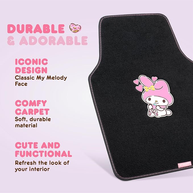 Car Floor Mats - Universal Fit for Cars, SUVs & Trucks - Black Hello Kitty Accessories - Carpet Car Mats Front & Rear Set, 4 Piece Cute Car Accessories