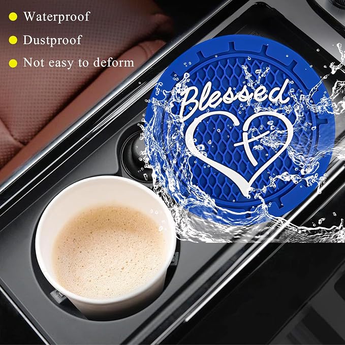 KVAEY 2 PCS Car Cup Holder Coasters, 2.76 Inch Anti Slip Vehicle Drink Mats with Cute Blessed Cross and Heart, Shockproof, Universal Car Accessories (Blue, 2 PCS)
