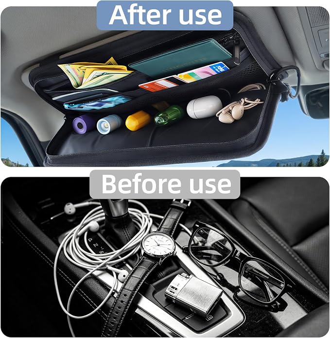 TICARVE Car Sun Visor Organizer, 1000D Nylon MOLLE Pouch with Zipper Black | Heavy-duty 1000D Nylon Car Sun Visor Organizer, With Zipper Pockets, Elastic Straps and Glasses Clip, for Car SUV Truck