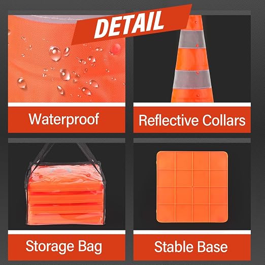 RoadHero 18 Inch 8 Pack Collapsible Traffic Safety Cones, Multi Purpose Pop-up Cones with Reflective Collar for Road Safety, Orange Cones for Driving Training, Parking Lots