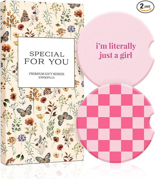 Swooflia Car Coasters for Women - Checkered Ceramic Car Cupholder Coaster Cool Absorbent Mat Coaster with Cork Base 2 Pack Automotive Cup Holder Accessories New Driver Gifts for Decor