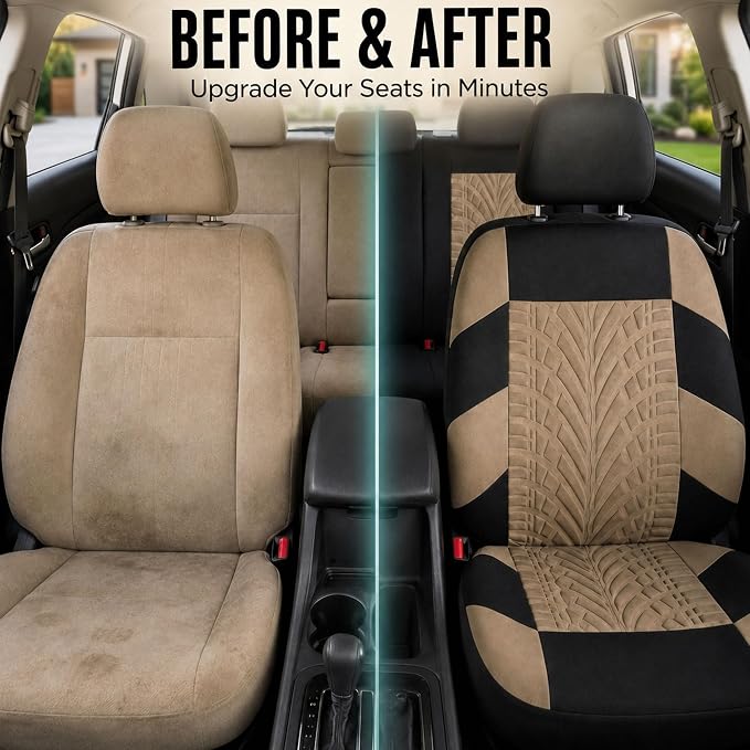 FH Group Car Seat Covers Full Set Premium Cloth - Universal Fit, Automotive, Low Back Front Washable Seat Covers, Airbag Compatible, Split Bench Rear Seat for SUV, Sedan Beige