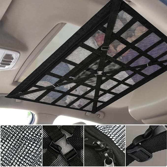 Car Ceiling Cargo Net, Strengthen Load-Bearing Car Roof Storage Organizer,Reduce Sagging of Car Roof Mesh Storage Organizer,Camping Gear Must Haves Cargo Net for Car