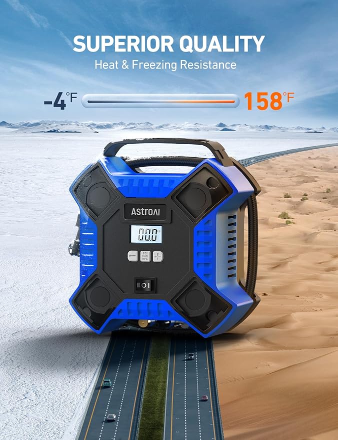 AstroAI 160PSI Tire Inflator Portable Air Compressor 12V DC Metal Cylinder | Auto Shut-Off 10Ft Cord LED Light Fast Inflation Air Pump for Car Tires, Bicycles, Motorcycles and Other Inflatables(Blue)