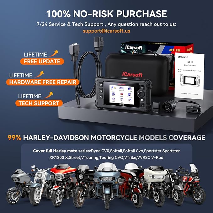 iCarsoft MT V6 Motorcycle Diagnostic Scan Tool for Harley, 57 Reset Services, 43 Actuation Test, Battery Test, All Motorbike System Diagnose, Read/Clear Codes, Live Data,Also Car OBD2 Diagnose
