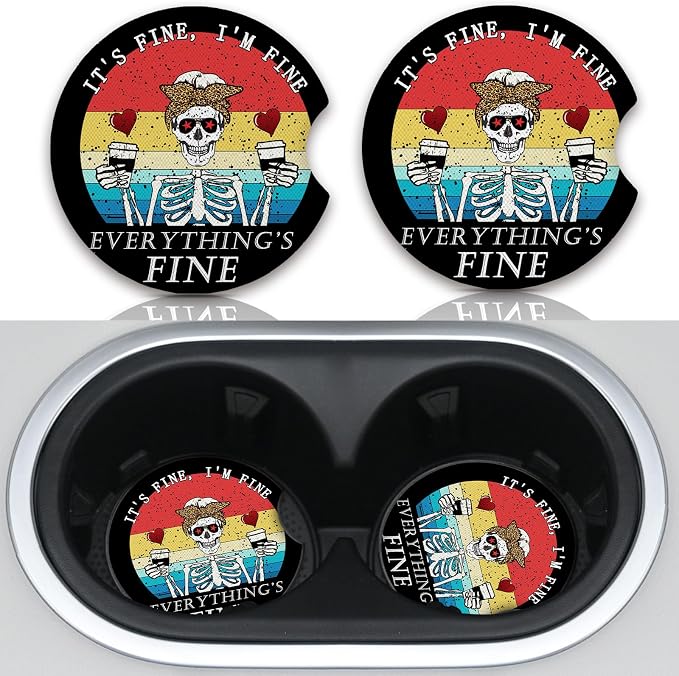 Funny Skull with Coffee Cup Holders Car Coasters Set for Women/Men,Absorbent Cup Car Holders, 2 Pack Universal Neoprene Coasters with A Finger Notch