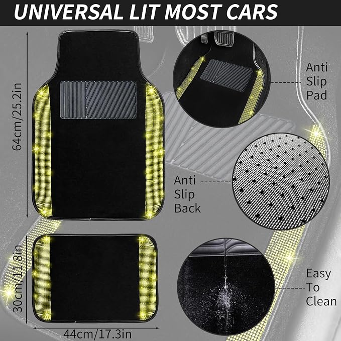 NBTEPEM Bling Car Floor Mats Full Set and Steering Wheel Cover, Universal Fit Most Cars, 4 pcs Sparkle Glitter Diamond Carpet, 5 pcs Bling Car Accessories Set for Women (Yellow Diamond)