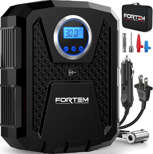 FORTEM Tire Inflator Portable Air Compressor, Air Pump for Car Tires and Bikes, Car Tire Pump w/Auto Shut Off, 150 PSI, 110V AC 12V DC, LED Light, Carrying Case, Perfect For Men, Women