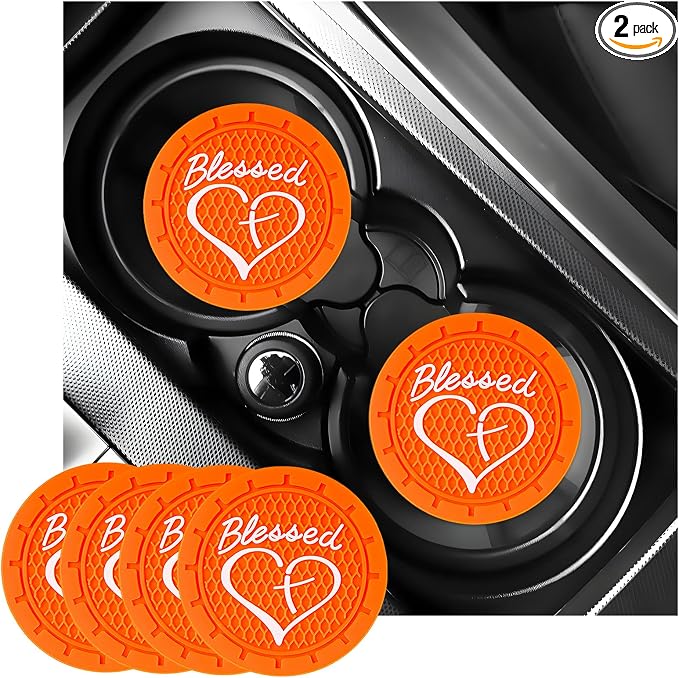 KVAEY 2 PCS Car Cup Holder Coasters, 2.76 Inch Anti Slip Vehicle Drink Mats with Cute Blessed Cross and Heart, Shockproof, Universal Car Accessories (Orange, 4 PCS)
