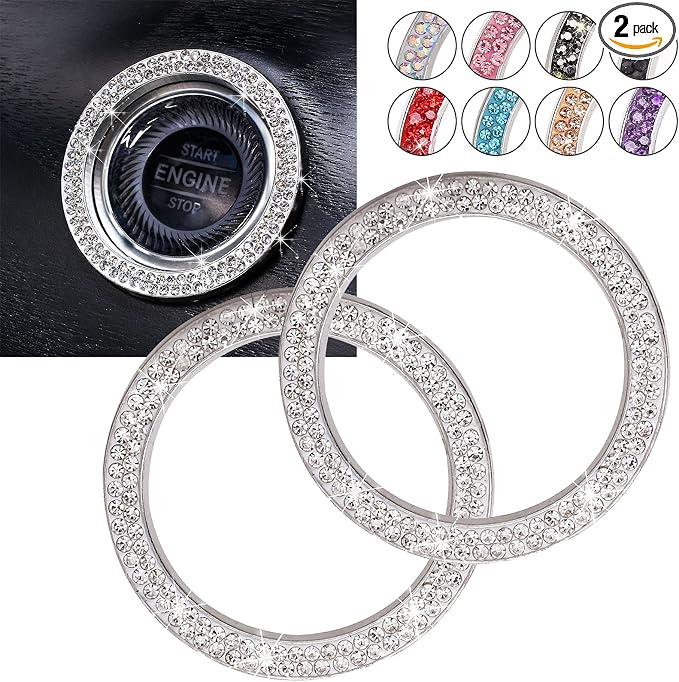 ToBeQueen Car Bling Ring Crystal Car Stickers Rings Womens Car Decals,2Pcs Push Start Button Bling Ignition Ring Sticker,Bling Car Interior Accessory for Women,Silver