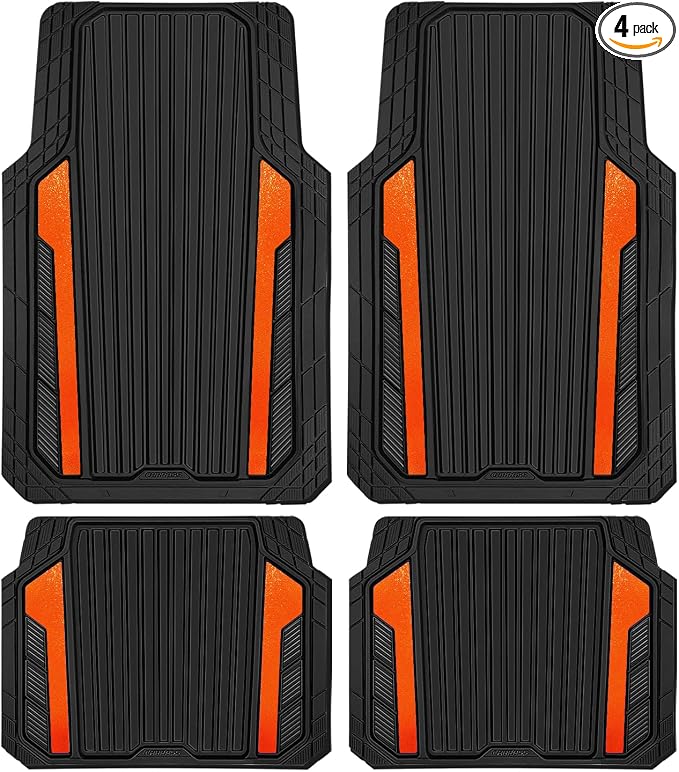 CAR PASS Heavy Duty Rubber Car Mats Metallic, Aluminum Film All Weather Floor Mats Waterproof Universal Trim to Fit SUVs Sedans Vans 4 Piece Anodized Deep Dish Two-Tone Sporty Black Orange Chrome