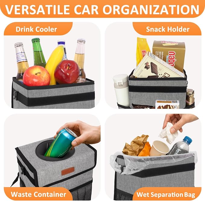 Vankor 3 Gallons Car Trash Can with Lid, Car Trash Bag Bin Hanging Waterproof Automotive Garbage Cans Leak Proof Vehicle Can Grey