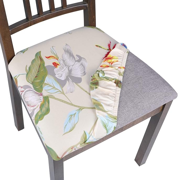 SearchI Seat Covers for Dining Room Chairs Stretch Printed Chair Seat Covers Set of 6, Removable Washable Upholstered Chair Seat Protector Cushion Slipcovers for Kitchen, Office(Beige+Flowers)