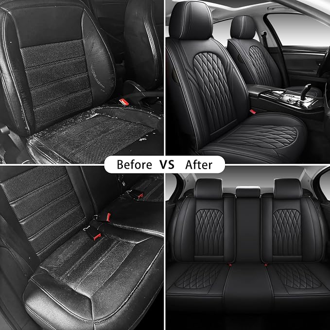 WELLDO Nappa Faux Leather Car Seat Covers Full Set, Black | Waterproof, Non-Slip Seat Protector, 0.28in Thickened Cushion, Airbag Compatible, Universal for Cars SUV Truck Pickup