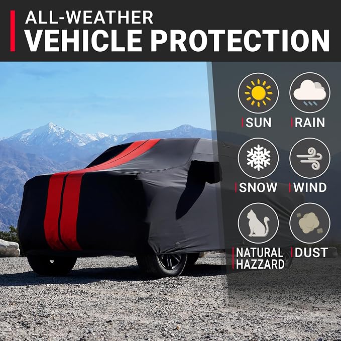 iCarCover Premium Heavy Duty Truck Car Cover - Waterproof All Weather Rain Snow UV Protection, Tacoma, Frontier, Explorer, Ridgeline, Ranger, Colorado, Size T82 (See Size Chart), Stripe - Black/Red