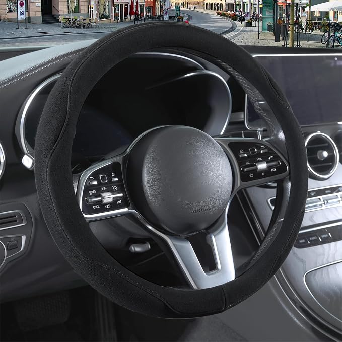 Black Suede Steering Wheel Cover Small 13.5 inch to 14 inch | Warm in Winter and Cool in Summer, Felt Car Accessories, Breathable Non-Slip Sweat-Proof Wear-Resistant for Civic Prius