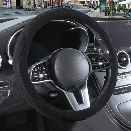 Black Suede Steering Wheel Cover Small 13.5 inch to 14 inch | Warm in Winter and Cool in Summer, Felt Car Accessories, Breathable Non-Slip Sweat-Proof Wear-Resistant for Civic Prius