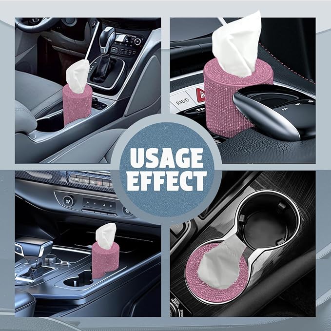 Bling Car Tissue Holder for Cup Holder – Sparkly Rhinestone Round Tissue Dispenser with 1 Pack Tissues – Fits Standard Auto Cup Holders – Stylish Car Interior Accessory for Women(Pink)