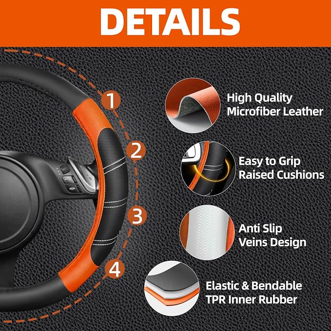 NBTEPEM 10 Pcs Car Floor Mats Full Set & Sport Leather Steering Wheel Cover 14.5-15 inch, Center Console Cover, Seat Belt Cushion, Cup Holder Coaster, Universal Automobile Interior Sets (Orange)