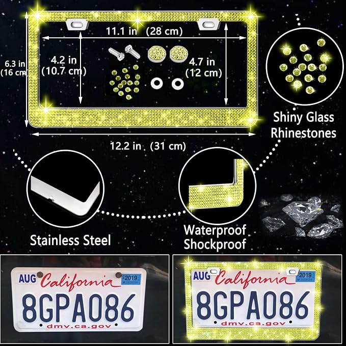 NBTEPEM 27 PCs Yellow Bling Car Accessories Set for Women, Steering Wheel Covers Universal Fit 15 Inch, Bling License Plate Frame, Bling Phone Holder, Bling Car Coasters (Yellow Diamond)