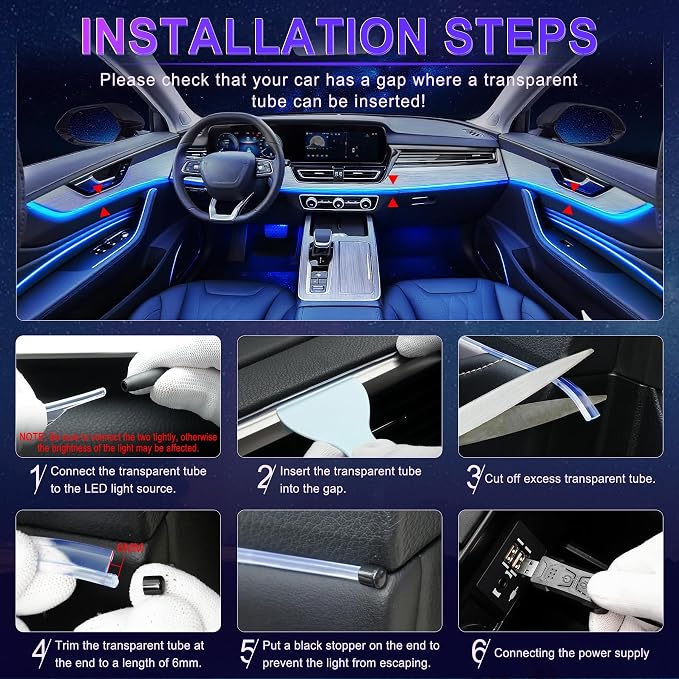 LivTee Smart Car LED Interior Lights with USB Port, LED Strip Fiber Optic Lights, Wireless App Control, Sync to Music, Car Accessories Gifts for Women and Men