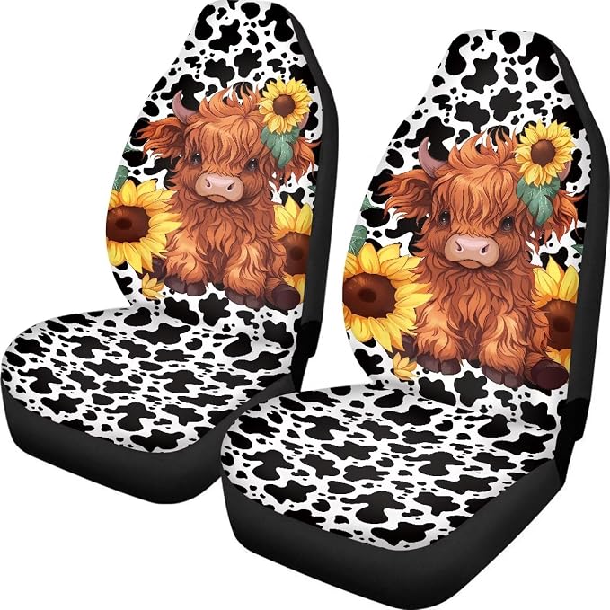 Cute Sunflower Highland Cow Front Seat Covers for Cars Bucket Seat Covers Black Cow Spots Decorative Automotive Seat Cushion Protectors Covers Automotive Accessories Interior Decoration