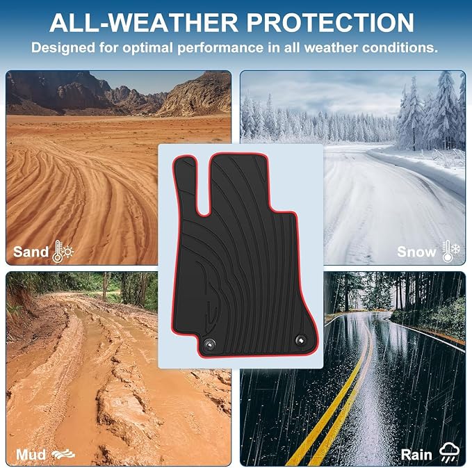 Car Floor Mats for Mercedes-Benz E-Class Sedan 2017-2023 W213 E300 E320 E400 E350 E63 E550 Custom Fit Black Red Rubber Auto Liners Set All Weather Heavy Duty Odorless