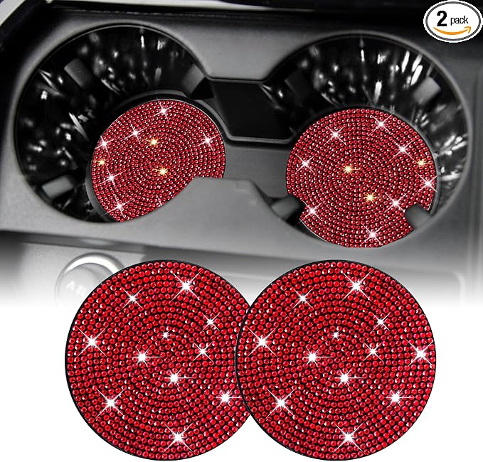 SINGARO Bling Cup Holder Coasters for Car, 2PCS Universal Non-Slip Cup Holder, Embedded Decorative Coasters, Shiny Crystal Car Interior Accessories Gifts for Women (Red)