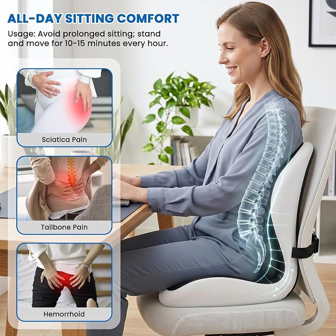 Large Car Seat Cushion with Lumbar Support Pillow for Long Sitting | Hollow Design for Coccyx, Reducing Sciatica Pressure, Tailbone & Lower Back Comfort, Memory Foam Cushion, Non-Slip for Chair