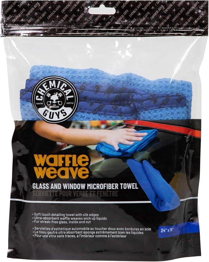 Chemical Guys Waffle Weave Glass Cloth Microfiber Towel, Blue, 24 x 16 | For streak-free cleaning on cars, trucks, and SUVs, blue waffle weave streak-free cleaning cloth, lifts fingerprints