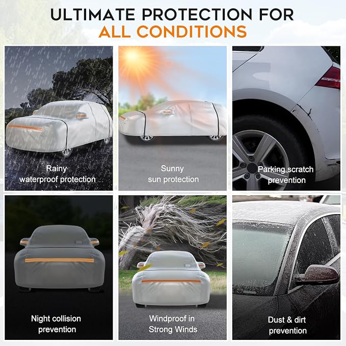 Waterproof SUV Car Cover: 6-Layer Protection from Rain, Snow, UV & Dust - Universal Fit up to 201 inches with Zipper Door & Windproof Straps for Outdoor, Garage, Travel Use, Silver