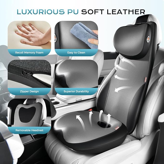 Coverado Car Seat Cushion and One Piece Lumbar Support with Headrest Pillow, Ergonomic Memory Foam Car Back Support, Adjustable Velcro Design Car Neck Pillow, Sciatica Back Neck Pain Relief, Blackgray