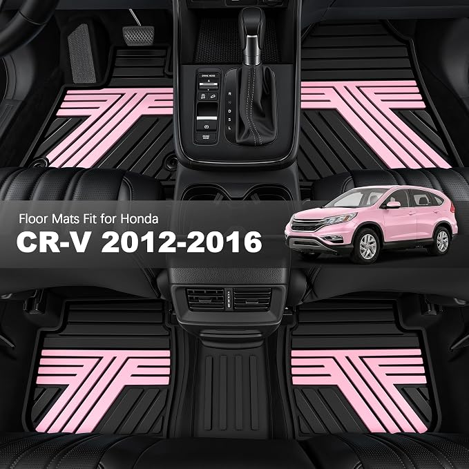 Rubber Floor Mats Fit for Honda CR-V 2012-2016 (Not Fit EX-L & Touring) | Custom Fit for CRV EX & LX & SE Heavy Duty Anti-Slip Car Mats, 1st & 2nd Row, Black & Pink
