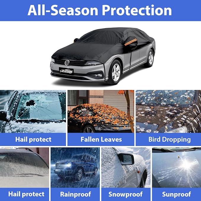 Half Car Cover Top SUV, Hail Protector Car Cover with Cotton Liner, Sunroof & Windshield Cover for Ice and Snow, All Weather Vehicle Body Cover for Sun, Rain, Dust, Fit SUV L