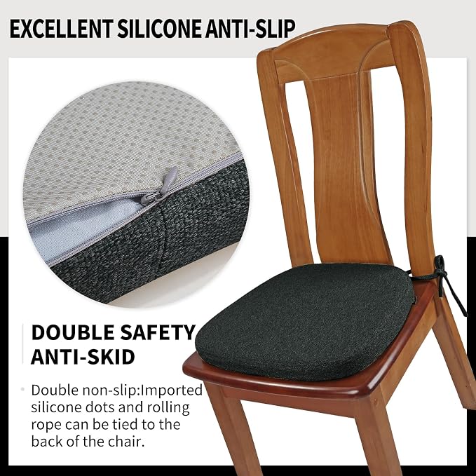 SINOSSO 4 Pack Memory Foam Chair Cushions for Dining Chairs, Friendly Woven Fabric 16" U-Shape Comfortable Kitchen Chair Pads, Removable Slip Resistant Seat Cushions (Set of 4, Black)