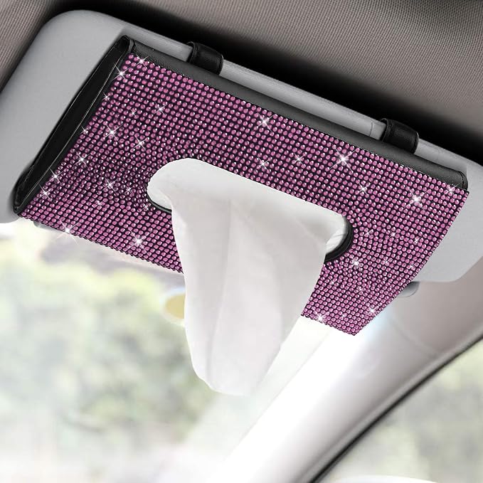 Bling Car Sun Visor Tissue Box Holder, Visor Accessories, Rhinestone PU Leather Crystal Sparkling Napkin Holder, Auto Sun Visor Paper Towel Cover Case Accessories for Most Cars (Pink)