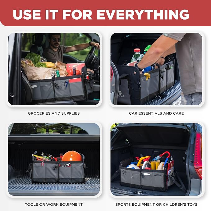 TRUNKCRATEPRO Trunk Organizer For Car, Suv, Truck | Premium Adjustable Multi Compartments Collapsible Car Trunk Organizer With Securing Straps & Non-Slip Bottom (Large Size, Grey)